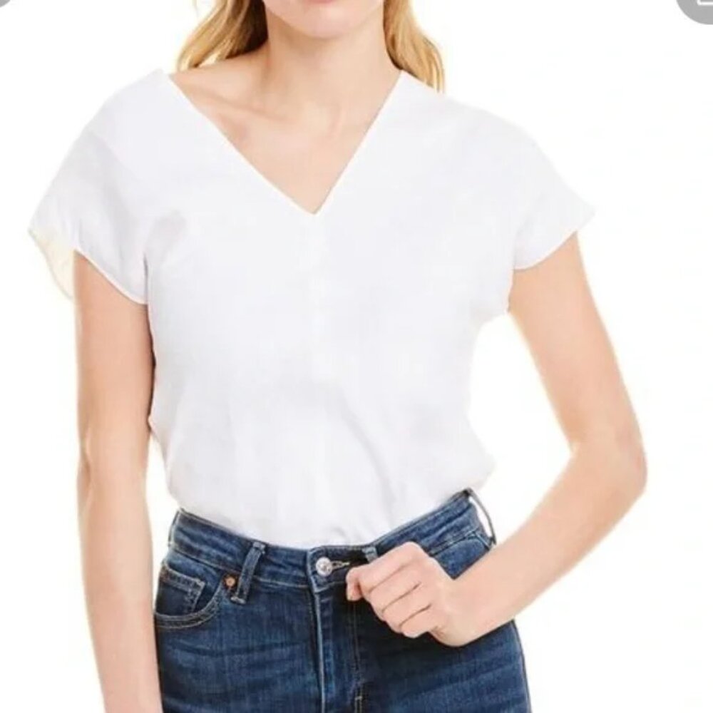 Helmut Lang White Linen Asymmetric Top V Neck Size 4